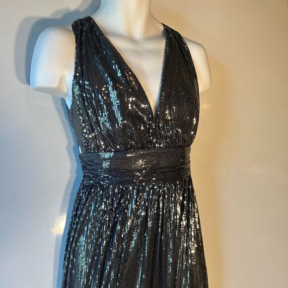 Verte SZ S  Blue Gray Grecian Halter Cut Sequin Maxi old glamour party prom - Picture 3 of 13